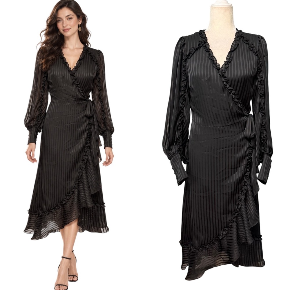 NWT Bardot Wrap Dress Women 6 Black Shadow Stripe Ruffle Midi Elegant Romantic
